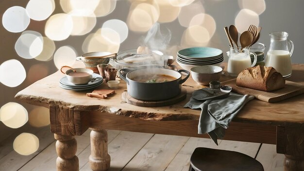 stół z potrawami i akcesoriami kuchennymi